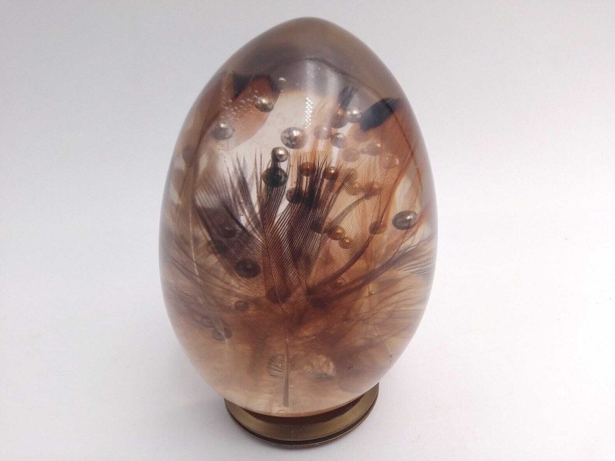 Objets EGO IMAGO | Belle Sculpture En R Sine Inclusion " Oeuf Plumes " De Pierre Giraudon 1970