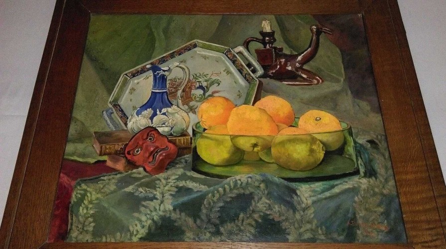 Tableaux EGO IMAGO | Huile Sur Panneau Nature Morte De A.Filleul Diamand " Les Oranges " 1934 Sign E