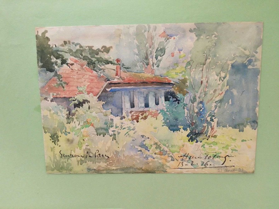 Tableaux EGO IMAGO | Ancienne Aquarelle Signature Identifier ? " Environs De Paris 1926 Le Lavoir