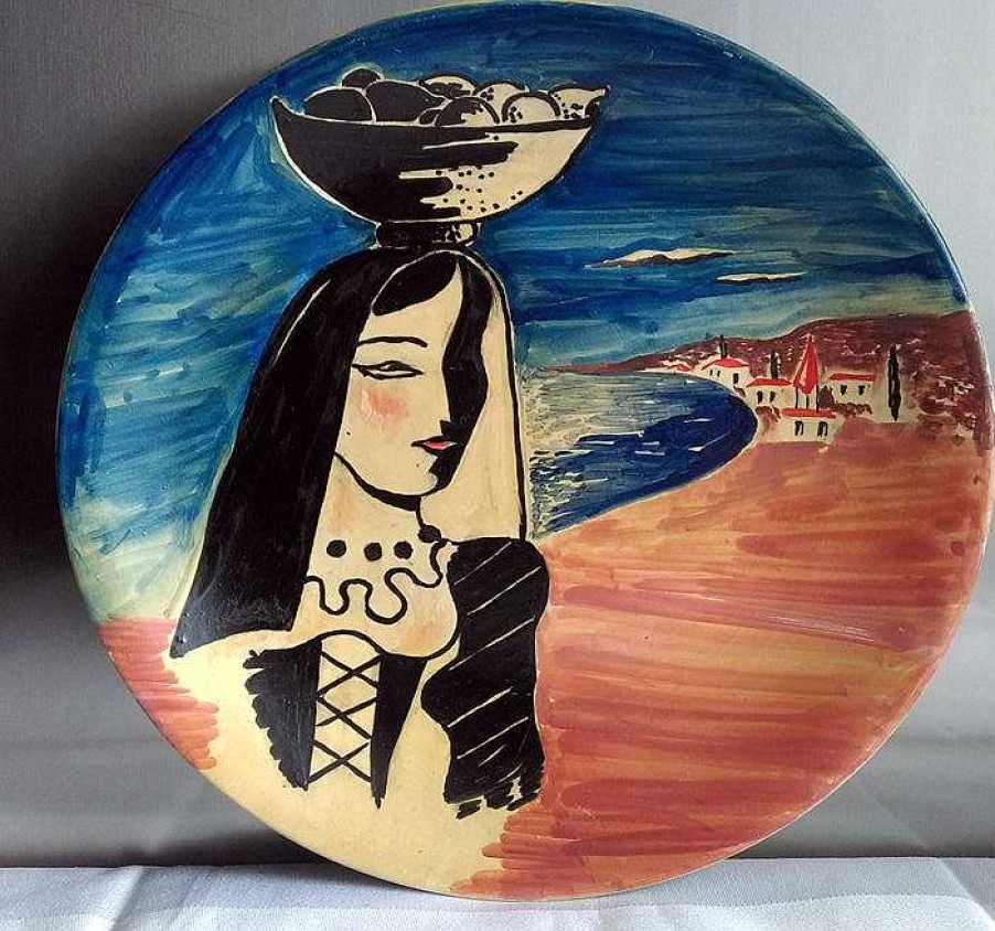 C Ramiques EGO IMAGO | Ancienne Assiette De Corative "Femme A La Corbeille" 1950 Artiste A Identifier ?