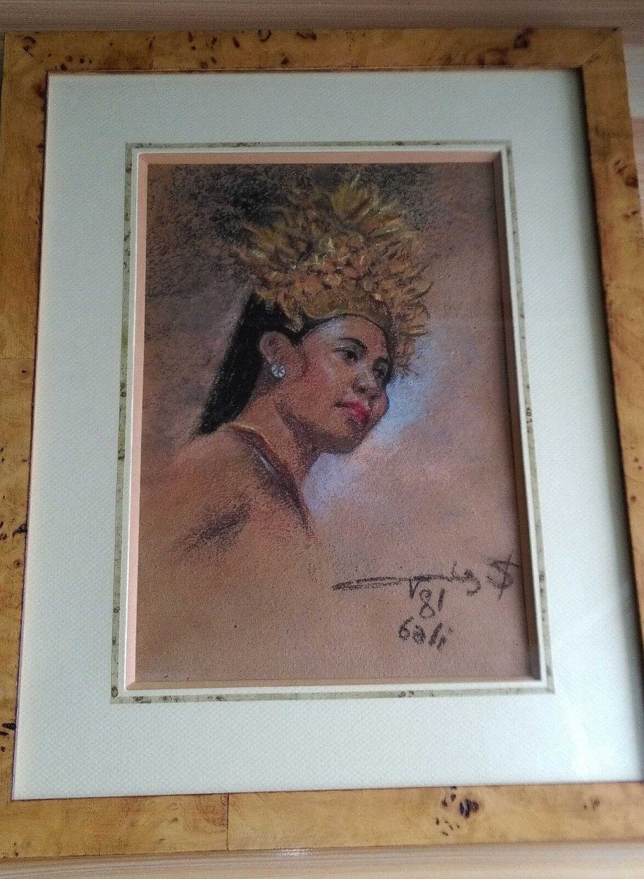 Tableaux EGO IMAGO | Tableau Pastel Portrait De Jeune Femme Signature Identifier Bali 81