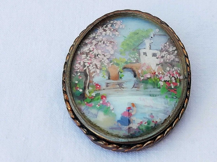 Bijoux EGO IMAGO | Broche Antique Avec Miniature Peinte La Main Sign E Monet