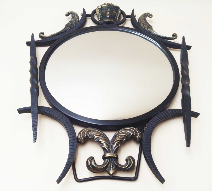 Objets EGO IMAGO | Tr S Chic Miroir Au Mascaron Poque 1940 En Fer Forg Et Bronze