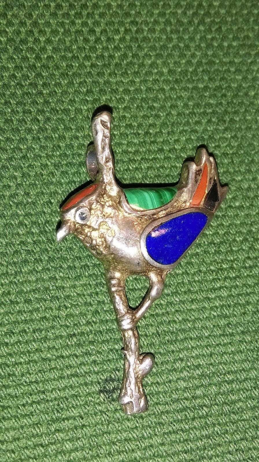 Bijoux EGO IMAGO | Ancienne Broche En Argent Et Malachite " Oiseau Sur Une Branche "