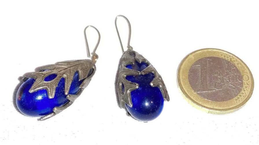 Bijoux EGO IMAGO | Ancienne Paire De Boucles D'Oreilles En Argent Et Verre Bleu