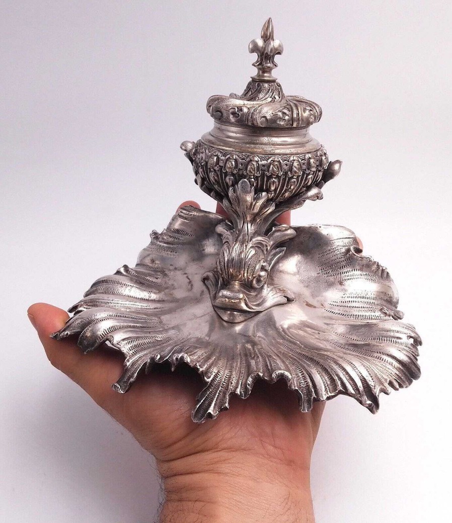 Objets EGO IMAGO | Ravissant Encrier N O Baroque En Bronze Argent " Dauphin " Poque Fin Xixe Si C