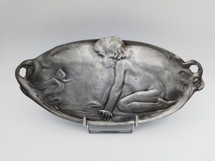 Objets EGO IMAGO | Art Nouveau Boy With Snail Pewter Card Tray - Le Gar On Et L'Escargot Vide Poche