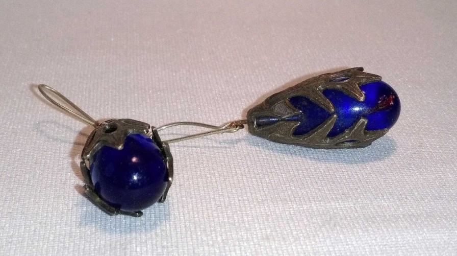 Bijoux EGO IMAGO | Ancienne Paire De Boucles D'Oreilles En Argent Et Verre Bleu