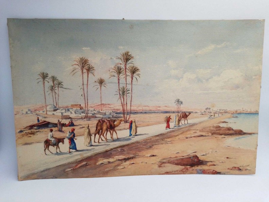 Tableaux EGO IMAGO | Original Aquarelle De Marcel Bairat (1855-1891) Cole Orientaliste "La Caravane"