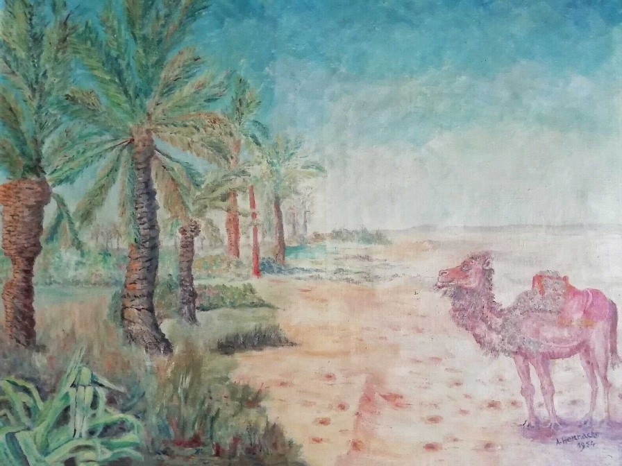 Tableaux EGO IMAGO | Tableau Orientaliste De A.Hennache 1954 Sign " Chameau Dans Une Oasis "