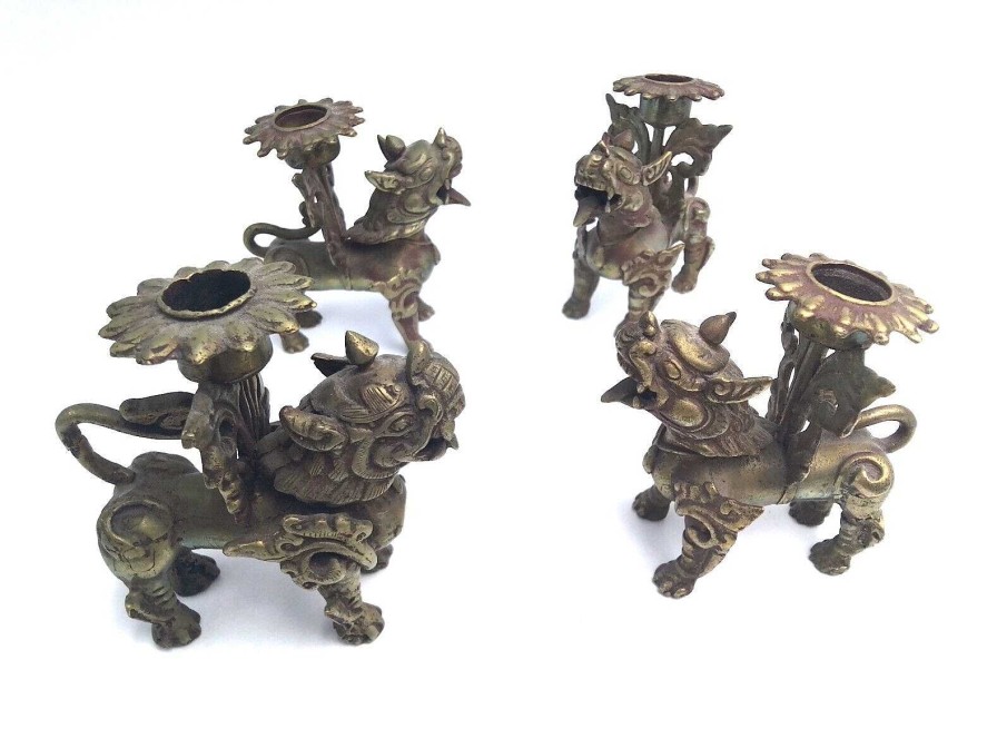 Objets EGO IMAGO | Suite De 4 Bougeoirs En Bronze Chine Ou Indochine ? " Chien Fo "