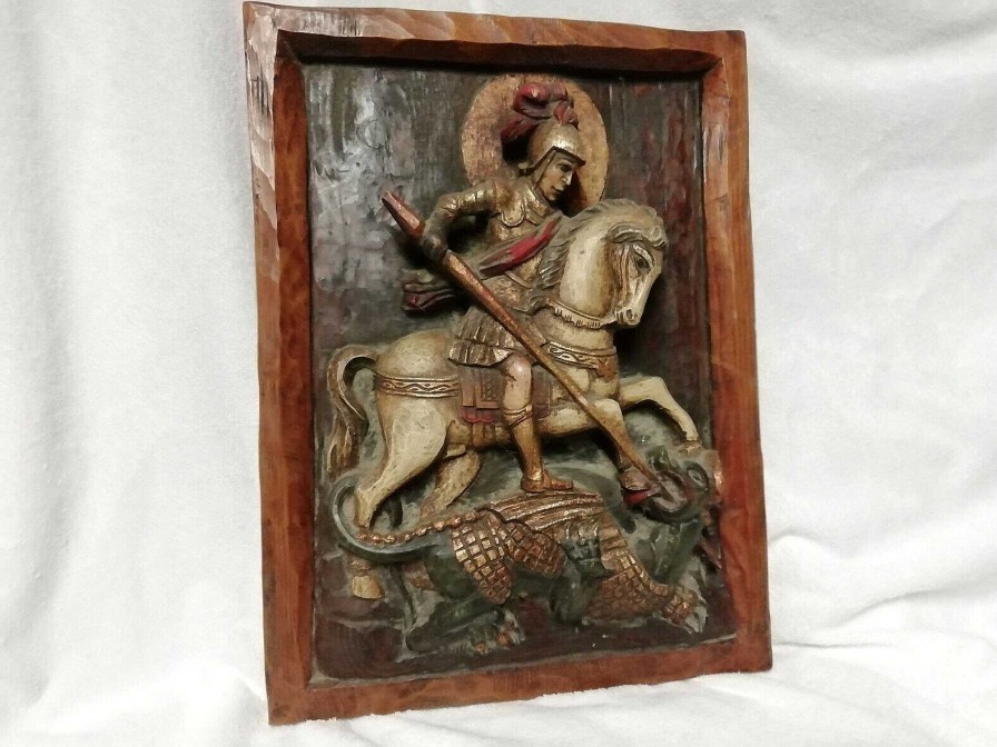 Objets EGO IMAGO | Bas Relief En Bois Sculpt " Saint George Terrassant Le Dragon "