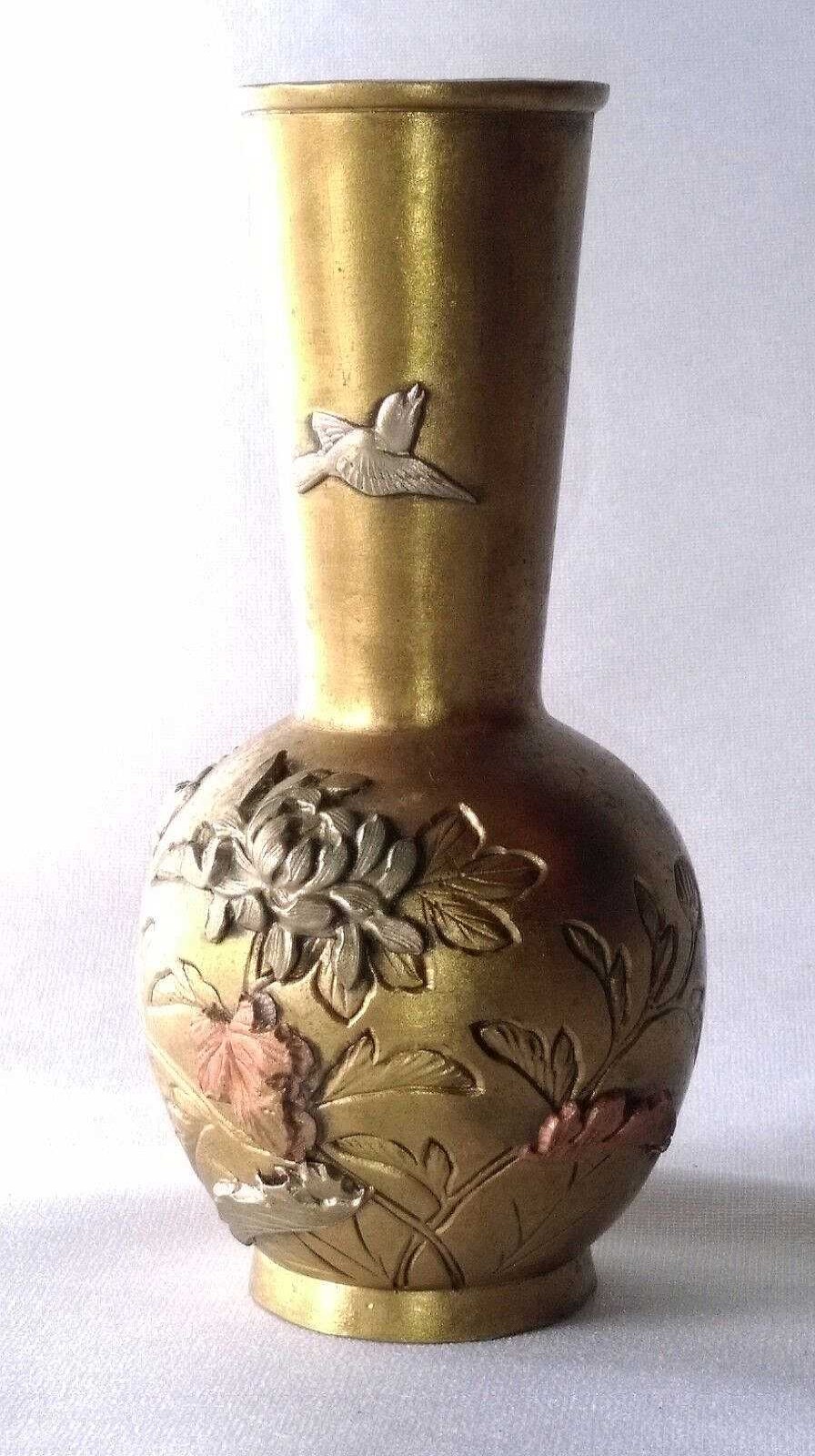 Objets EGO IMAGO | Ancien Vase Art Nouveau En Bronze En Relief A D Cor D'Oiseaux Et De Fleurs