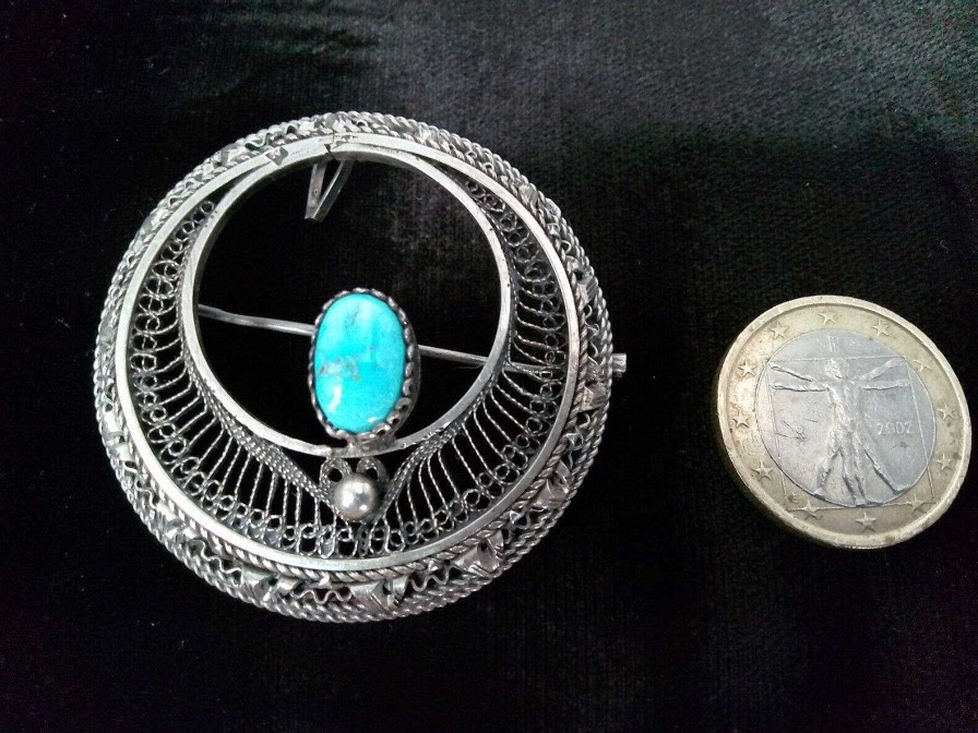 Bijoux EGO IMAGO | Ancienne Broche En Argent Filigran E Et Turquoise D'Inspiration Gyptienne