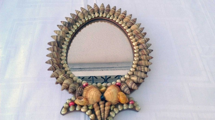 Objets EGO IMAGO | Charmant Miroir Face A Main En Coquillages 1950 French Riviera