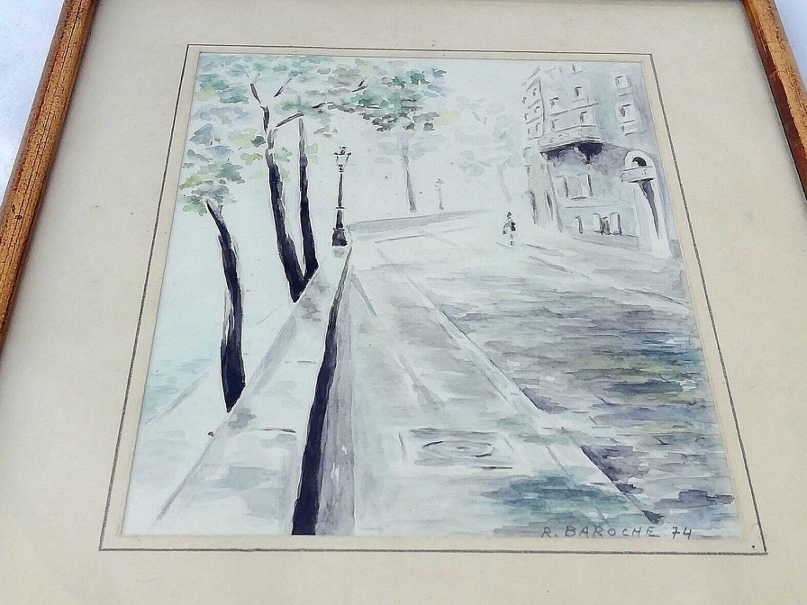 Tableaux EGO IMAGO | Tableau Aquarelle " Quai D'Anjou Paris " Sign R. Baroche 1974