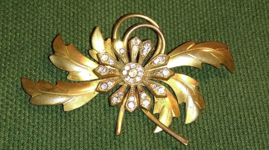 Bijoux EGO IMAGO | Ancienne Broche Couture 1940 Laiton Dor Et Strass Sign E Plaire ?