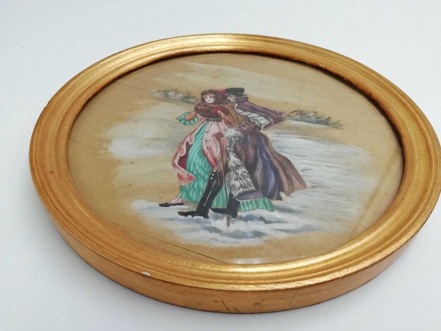 Tableaux EGO IMAGO | Ancien Tableau Ovale Sur Soie " Couple Du D But De Si Cle Sous La Neige "