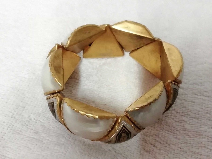 Bijoux EGO IMAGO | Ancien Bracelet En Laiton Et Nacre Vers 1960'S