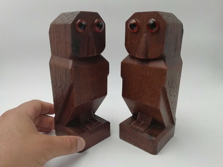 Objets EGO IMAGO | Paire De Serre-Livres Chouettes Hibou Cubistes En Bois Poque Art D Co