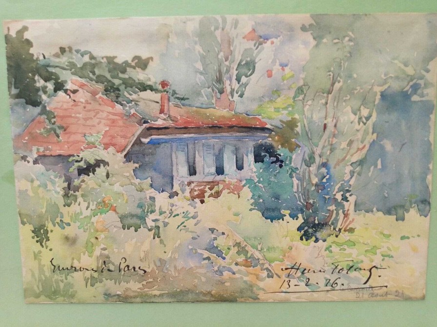 Tableaux EGO IMAGO | Ancienne Aquarelle Signature Identifier ? " Environs De Paris 1926 Le Lavoir