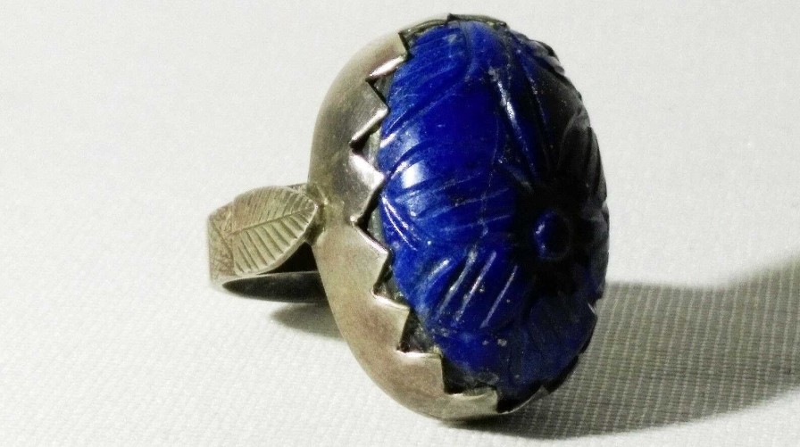 Bijoux EGO IMAGO | Ancienne Bague En Argent Et Lapis Lazuli Sculpt Mexique Poin Ons , Vers 1960