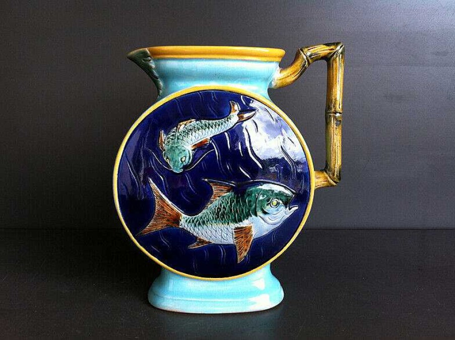 C Ramiques EGO IMAGO | Very Rare Joseph Holdcroft Victorian Majolica Pitcher " Fish'S And Bambou "