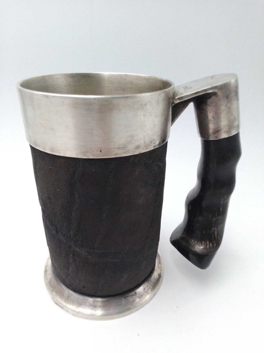 Objets EGO IMAGO | Art Deco Mug Poin On D'Orf Vre Th - Spc En M Tal Argent Et Cuir Prise En Corne