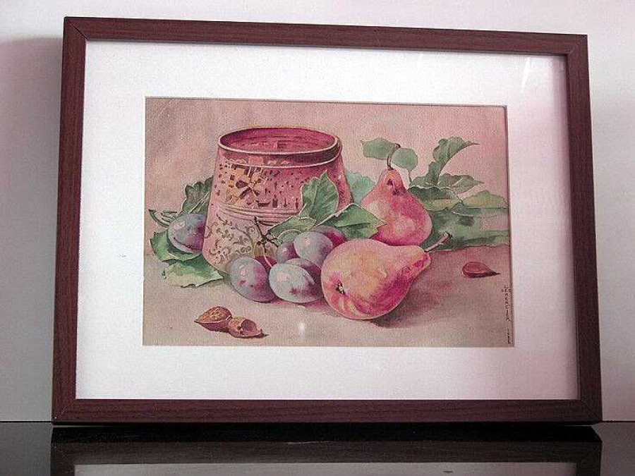 Tableaux EGO IMAGO | Jolie Aquarelle Sign E Lemercier 1928 "Nature Morte Aux Fruits Et La Poterie "