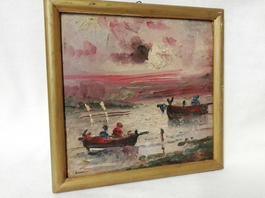 Tableaux EGO IMAGO | Ancien Petit Tableau Paysage Marin Huile Sur Toile Cartonn