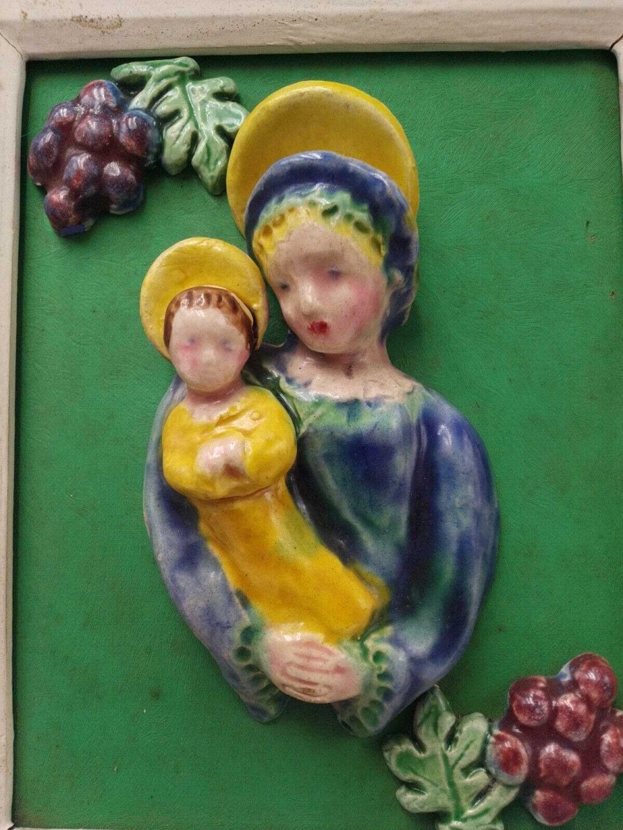 C Ramiques EGO IMAGO | Charmant Petit Tableau En Ceramique En Bas Relief " Vierge L'Enfant " 1950'S