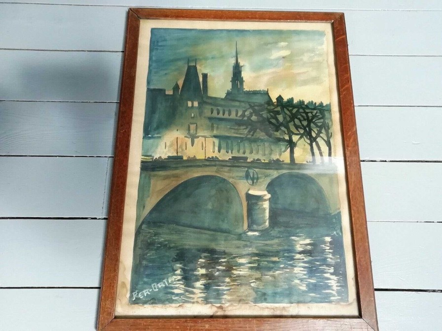 Tableaux EGO IMAGO | Aquarelle Sign E Per Orta - Paris La Seine Au Pont Notre Dame Au Clair De Lune