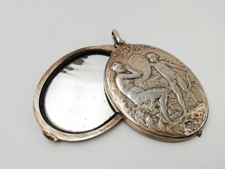 Objets EGO IMAGO | S Raphin Emile Vernier Pendentif Art Nouveau En Argent Double Miroir