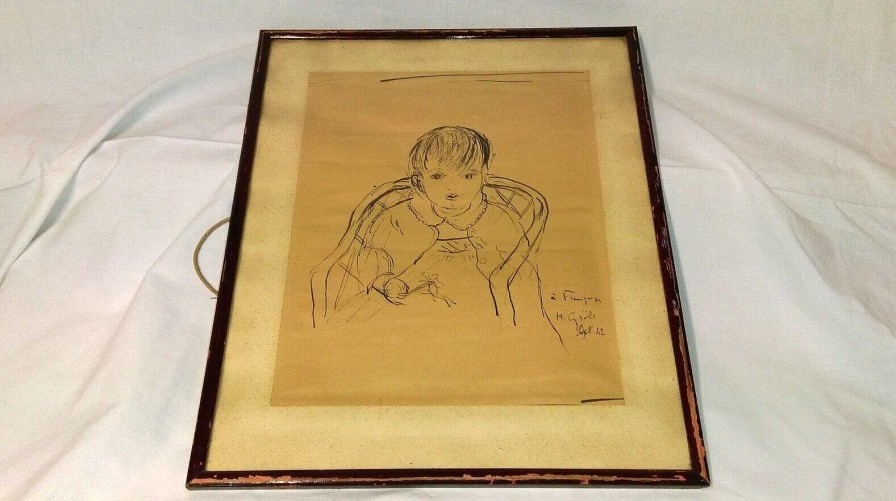 Tableaux EGO IMAGO | Dessin Encre De Chine " Enfant La Fleure " 1942 Sign H.Gr Le ? Identifier