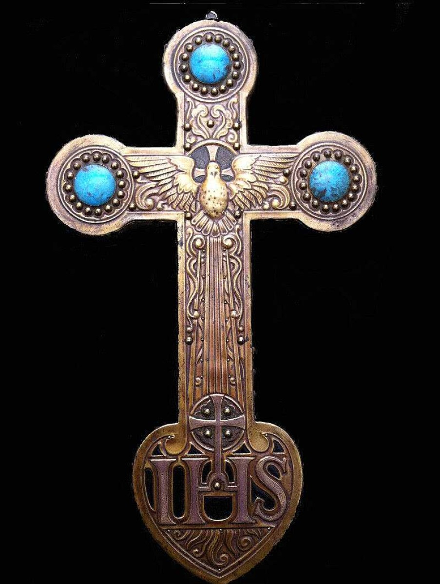 Objets EGO IMAGO | Ancien Crucifix En Cuivre Repouss Orn De Cabochons Xixe Style A.Daguet 33Cm