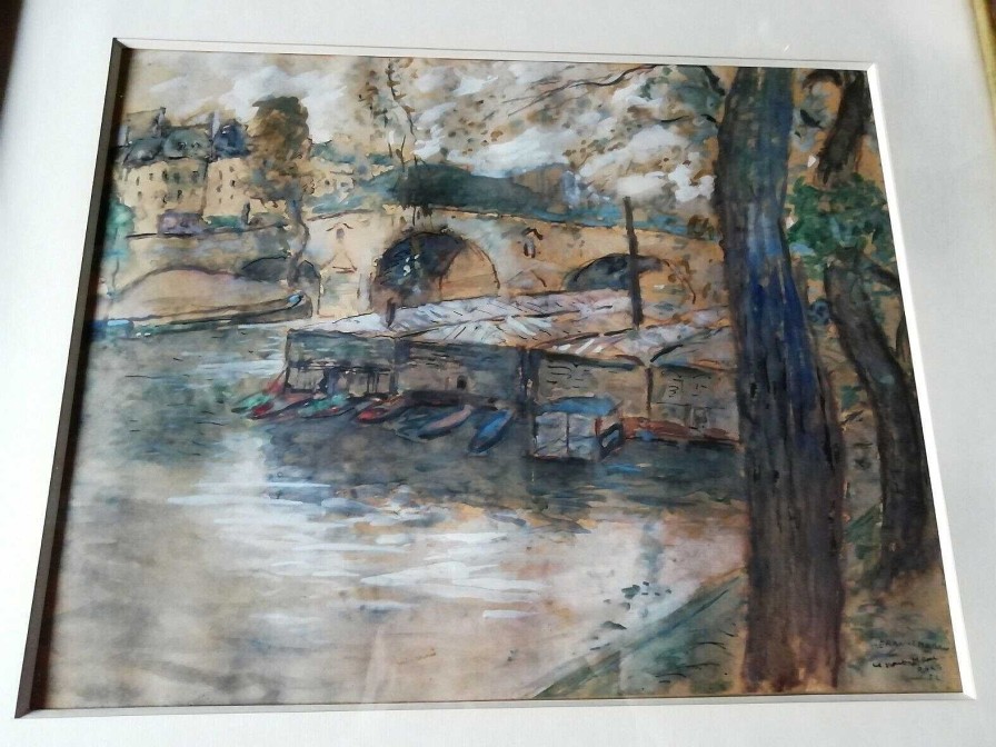 Tableaux EGO IMAGO | Aquarelle Sign E Chaban H Ran (1887-1939) - Le Pont Marie Paris 1932