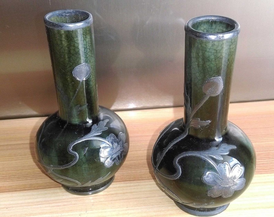 C Ramiques EGO IMAGO | Paire De Vases Miniatures En Gr S Art Nouveau Monture En Tain