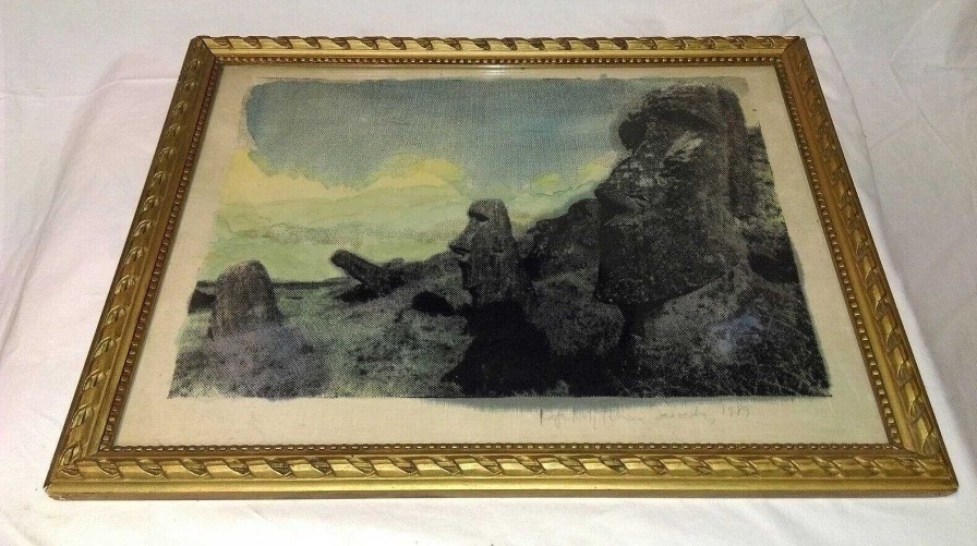 Tableaux EGO IMAGO | Ancien Tableau S Rigraphie Sur Tissu Sign Identifier ? " L'Ile De Paque " 89