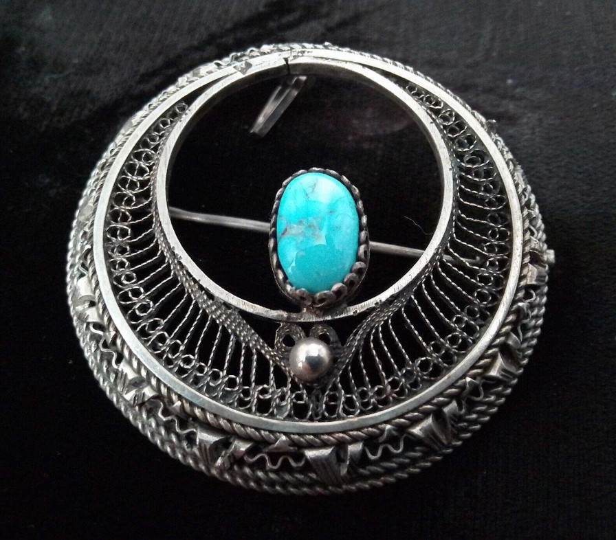 Bijoux EGO IMAGO | Ancienne Broche En Argent Filigran E Et Turquoise D'Inspiration Gyptienne