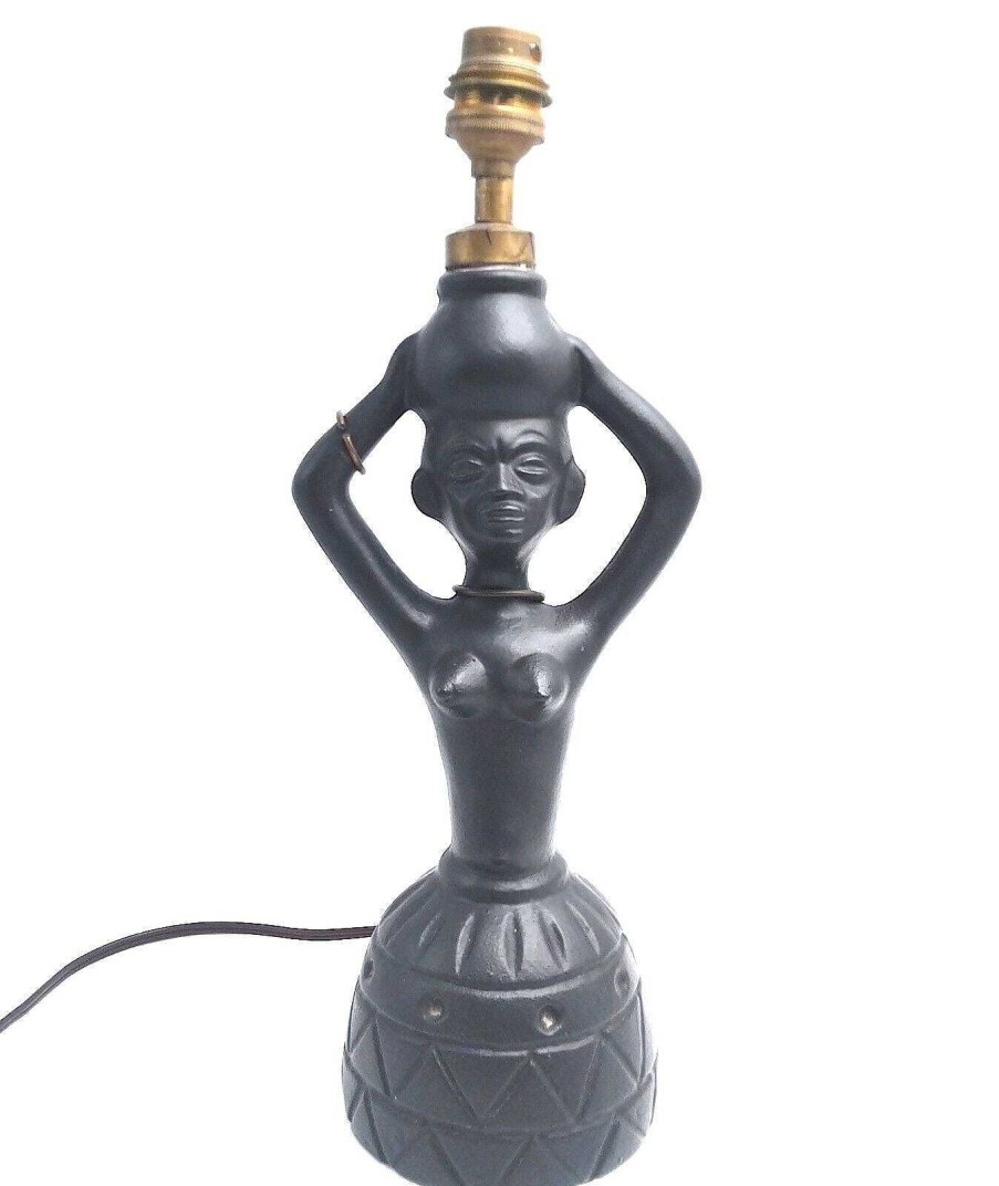 Luminaires EGO IMAGO | Ancienne Lampe Anthropomorphe Africaniste En C Ramique Noire 1950'S