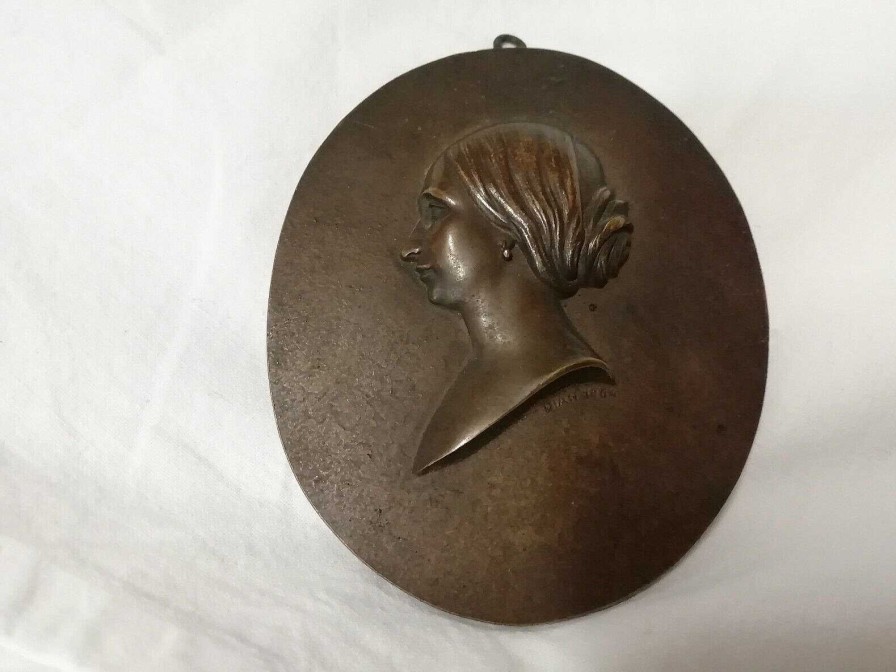 Objets EGO IMAGO | Ancien M Daillon Ovale En Bronze " Femme De Profil " Sign Dian 1864