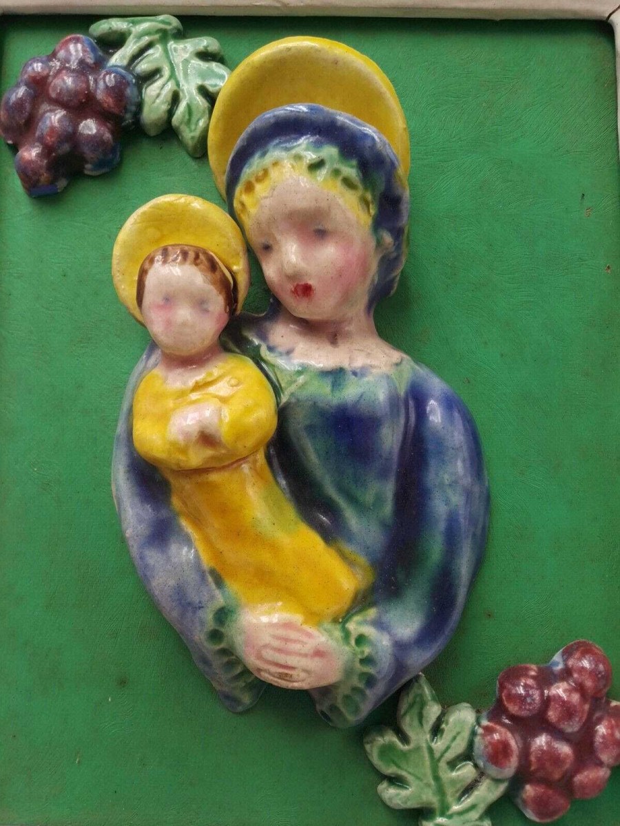 C Ramiques EGO IMAGO | Charmant Petit Tableau En Ceramique En Bas Relief " Vierge L'Enfant " 1950'S