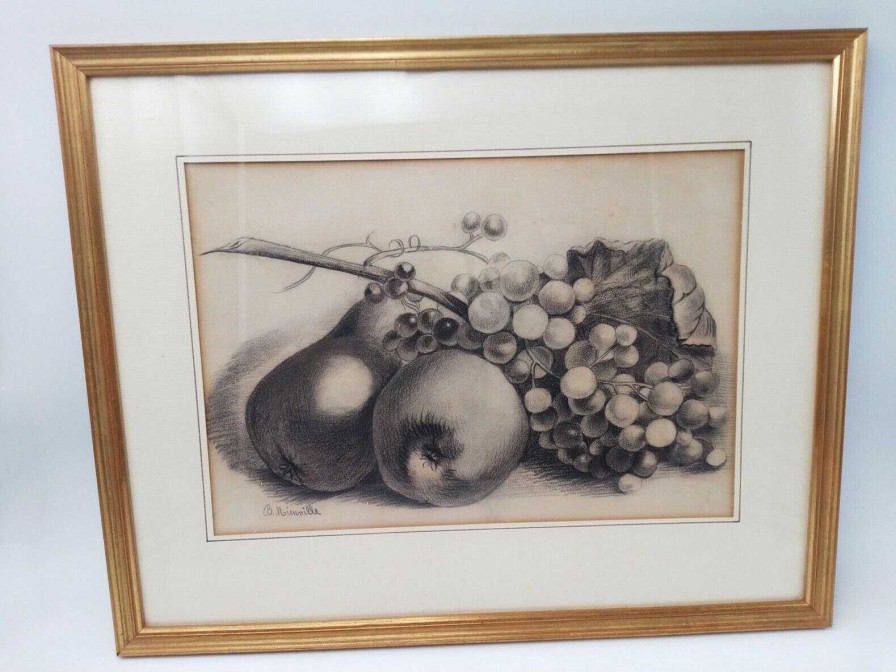 Tableaux EGO IMAGO | B.Mienville " Nature Morte Aux Fruits " Dessin Original Au Crayon Sign